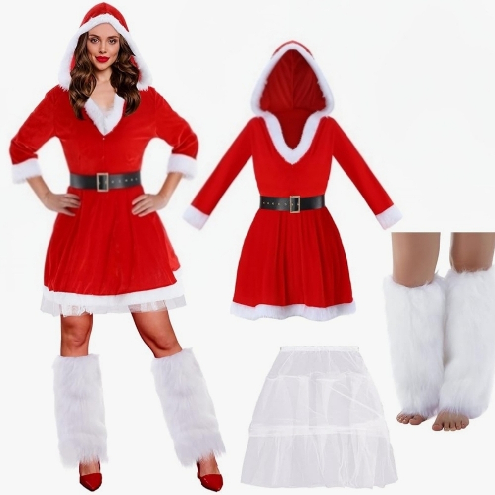 New 4pc Mrs Clause Hooded Cosplay Costume - Picture 2 of 6